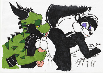 anal anthro anus biped black_body duo erection fur genitals green_body handjob horn interspecies male male/male oral penile penis rear_view rimming sex simple_background stripes tail toony white_background yellow_eyes zaeryn looney_tunes mythology warner_brothers pepe_le_pew zaeryn_(character) dragon mammal mephitid mythological_creature mythological_scalie scalie skunk 2025 signature traditional_media_(artwork)