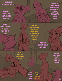 accessory anthro bodily_fluids clothed clothing comic_panel container crying dialogue duo necktie pink_text tears text yellow_text conditional_dnp dacad rebecca_(dacad) tyler_(dacad) avian domestic_ferret mammal mustelid musteline true_musteline weasel comic english_text hi_res restricted_palette