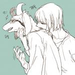 ambiguous_gender anthro blush claws clothed clothing duo eyes_closed fur hair horn human_on_anthro interspecies kissing kissing_neck locket long_ears male male/ambiguous open_mouth sharp_teeth teeth text tongue zesilo undertale undertale_(series) asriel_dreemurr chara_(undertale) boss_monster_(undertale) bovid caprine goat human mammal korean_text monochrome translated