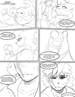 anthro branch clothing cuddling facial_hair facial_scar female fence looking_down nervous plant sad scar text tree whistle_(object) worried yo-yo spicykiwi nintendo pokemon thomas_(spicykiwi) tulip_(spicykiwi) avian bird felid feline floragato generation_4_pokemon generation_9_pokemon human mammal pokemon_(species) starly absurd_res comic english_text hi_res monochrome story