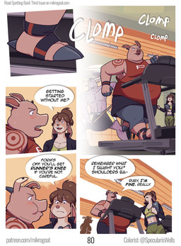 anthro barefoot bottomwear breasts brown_hair clothed clothed_anthro clothed_female clothed_male clothing cloven_hooves dialogue duo_focus feet female fur grey_body grey_fur group hair hooves horn male navel overweight overweight_anthro overweight_male pink_body pink_fur pink_skin running shirt shorts speech_bubble tank_top text topwear treadmill trio mikrogoat basil_(mikrogoat) perry_(mikrogoat) ruby_(mikrogoat) bovid bovine cattle domestic_pig lagomorph leporid mammal rabbit suid suine sus_(pig) comic english_text hi_res url nonbinary_(lore)