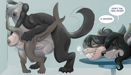 4_toes against_surface against_wall anthro anthro_on_taur anthro_penetrated balls big_balls big_penis black_hair bodily_fluids breasts brown_body brown_hair countershading cum detachable detachable_head dialogue duo facial_piercing feet female from_behind_position furniture genital_fluids genitals grey_body grey_countershading grin gynomorph gynomorph/female hair headless huge_balls huge_penis hyper hyper_balls hyper_genitalia hyper_penis intersex intersex/female modular mounting nipple_piercing nipples non-mammal_breasts non-mammal_nipples nose_piercing nose_ring nude penetration penis piercing ring_piercing sex smile speech_bubble table taur_penetrating taur_penetrating_anthro text toes vaginal vaginal_penetration bean-muffin european_mythology irish_mythology mythology canid canid_taur canine canine_taur canis dullahan fish mammal mammal_taur marine shark taur wolf wolf_taur 2025 english_text hi_res