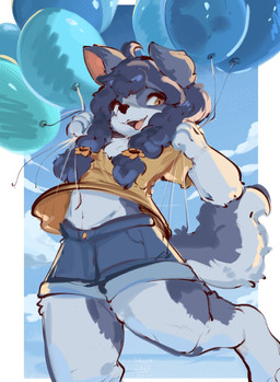 anthro blue_balloon blue_body blue_fur blue_tail clothed clothed_anthro clothed_female clothing female female_anthro fully_clothed fully_clothed_anthro fully_clothed_female fur holding_balloon looking_at_viewer midriff navel open_mouth open_smile smile solo tail conditional_dnp tohupo cotorita mammal 2025 digital_drawing_(artwork) digital_media_(artwork) hi_res