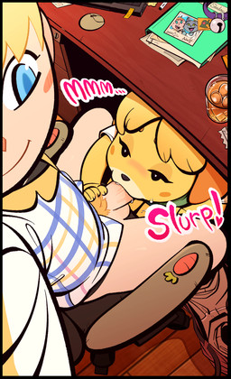 alcohol anthro anthro_penetrated beverage big_penis blonde_hair blue_eyes blush bodily_fluids bottomless clothed clothing computer_mouse duo fellatio female female_on_human female_penetrated fur furniture genitals hair holding_partner human_on_anthro human_penetrating human_penetrating_anthro human_penetrating_female interspecies looking_pleasured male male/female male_on_anthro male_penetrating male_penetrating_anthro male_penetrating_female narrowed_eyes office oral oral_penetration partially_clothed penetration penile penis pubes saliva saliva_on_penis seductive sex shirt sit_and_blow_position sitting smile table topwear under_table unprofessional_behavior whiskey yellow_body yellow_fur junyois animal_crossing nintendo ashe_(starshippizza) isabelle_(animal_crossing) villager_(animal_crossing) canid canine canis domestic_dog human mammal shih_tzu toy_dog 2023 absurd_res hi_res