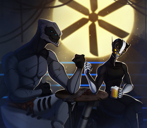 4_eyes alcohol armor backlighting beer beverage blood blood_stain blue_eyes bodily_fluids bottomwear clothed clothing container cup duo eye_contact female flexing flexing_bicep furniture glowing glowing_eyes holding_container holding_cup holding_mug holding_object larger_male light looking_at_another machine male mug multi_eye pants scar sitting size_difference sleeveless_shirt smaller_female table topless aiws bungie destiny_(series) alien eliksni exo robot lighting