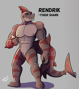 abs animal_genitalia anthro brown_body claws genital_slit genitals male muscular muscular_anthro muscular_male pecs piercing shark_fin shark_tail simple_background stripes tail nohum rendrik_(nohum) aquatic fish requiem_shark scalie shark tiger_shark hi_res
