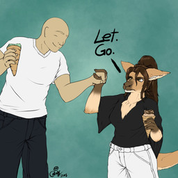 angry anthro bottomwear brown_eyes brown_hair chest_tuft clothed clothing dessert duo female female_on_human food hair hand_holding human_on_anthro ice_cream interspecies larger_male long_hair male male_on_anthro size_difference smaller_female tuft blokfort anon ruby_(comfycreations) human kangaroo macropod mammal marsupial 1:1 2018 hi_res