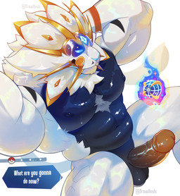 anthro barazoku big_muscles big_penis blue_eyes fur genitals glans humanoid_genitalia humanoid_penis looking_at_viewer male mane muscular muscular_anthro muscular_male nude_male pecs penis solo text vein veiny_penis white_body white_fur drawreshi nintendo pokemon felid generation_7_pokemon legendary_pokemon mammal pokemon_(species) solgaleo absurd_res english_text hi_res