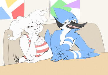 anthro blue_body blue_feathers breasts cleavage clothed clothing cloud cloud_hair duo feathers female freckled_shoulders freckles half-closed_eyes male multicolored_body multicolored_feathers narrowed_eyes open_mouth open_smile shirt smile tank_top topwear two_tone_body two_tone_feathers white_body white_feathers dullvivid cartoon_network regular_show cloudy_jay mordecai_(regular_show) air_creature air_humanoid cloud_humanoid elemental_creature elemental_humanoid humanoid living_cloud