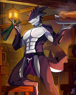 abs anthro barrel black_stripes blue_eyes bottle bottomwear clothing container fangs fin food furniture holding_bottle holding_container holding_object holding_plate horn inside jewelry lamp lantern loincloth looking_at_viewer male meat muscular muscular_anthro muscular_arms muscular_male necklace pecs piercing plate purple_body purple_skin smile solo steam steaming stool stripes tail tavern teeth white_body white_skin zeitzbach aquatic fish shark 2025 hi_res signature