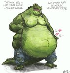 anthro belly belly_overhang belly_pat big_belly clothing huge_belly male moobs overalls overalls_only overweight overweight_anthro overweight_male pecs solo standing text aokamidu alligator alligatorid crocodilian reptile scalie english_text