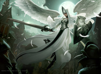 armor breasts building clothed clothing feathered_wings feathers female flying group headgear helmet melee_weapon moon shield solo_focus spread_wings sword text weapon wings jason_chan hasbro magic:_the_gathering wizards_of_the_coast angel 2012 official_art