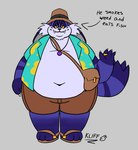 aloha_shirt anthro belly bottomwear bucket_hat clothing footwear male messenger_bag navel overweight pattern_clothing pattern_shirt pattern_topwear purple_body sandals shirt shoes shorts solo text topwear yellow_eyes kliffnyundrscor sega sonic_the_hedgehog_(series) big_the_cat domestic_cat felid feline felis mammal english_text hi_res