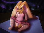 anthro arm_stockings bed bottomwear bulge clothing detailed_bulge femboy furniture leg_stockings legwear lying male on_back shirt skirt solo stockings tank_top topwear orangestheasd nintendo pokemon generation_4_pokemon lopunny pokemon_(species) 4:3 hi_res