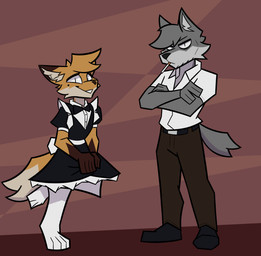 4_toes 5_fingers :< angry anthro belt biped black_belt black_bow_tie black_clothing black_eyebrows black_footwear black_nose black_outline black_shoes black_topwear bottomwear bow_tie brown_background brown_body brown_bottomwear brown_clothing brown_ear_tips brown_fur brown_nose brown_pants buckle cheek_tuft chibi cigarette cigarette_in_mouth clothing crossed_arms digitigrade dipstick_ears dipstick_tail dress_shoes duo ear_markings eye_bags eyebrows eyelashes facial_tuft feet fingers five_o'clock_shadow footwear fur furgonomics gloves_(marking) grey_body grey_ears grey_fur grey_hair grey_tail hair happy head_tuft holding_clothing holding_object inner_ear_fluff legwear looking_at_viewer maid_uniform male markings mole_(marking) multicolored_body multicolored_ears narrowed_eyes object_in_mouth orange_body orange_ears orange_fur orange_hair orange_tail outline pants pattern_background plantigrade pupils raised_leg shirt shoes simple_background slit_pupils smoking smoking_cigarette socks sparkles sparkling_eyes standing tail tail_markings thigh_highs thigh_socks toes topwear tuft uniform white_body white_clothing white_eyes white_footwear white_fur white_legwear white_sclera white_shirt white_socks white_tail_tip white_thigh_highs white_thigh_socks white_topwear suitedwolfie balthy_(suitedwolfie) k_(suitedwolfie) canid canine canis fox mammal northwestern_wolf red_fox true_fox wolf 2026 digital_drawing_(artwork) digital_media_(artwork) hi_res shaded