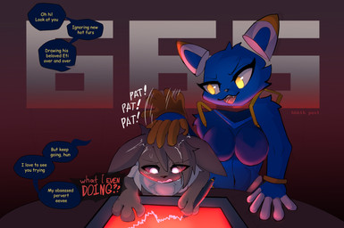 666 anthro breasts brown_body brown_fur drawing drawing_tablet duo duo_focus female flat_chested fur group hair headpat male mascot red_light sassy simple_background speech_bubble stressed text yellow_eyes utopianvee e621 nintendo pokemon esix fan_character uto_(utopianvee) eevee generation_1_pokemon mammal pokemon_(species) english_text hi_res sketch