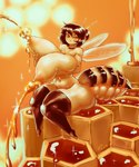 antennae_(anatomy) anthro areola arthropod_abdomen big_areola big_breasts big_butt big_nipples bodily_fluids breasts brown_hair butt erect_nipples female food hair honey_(food) huge_breasts huge_butt huge_thighs hyper hyper_breasts lactating lactating_honey navel nipples non-mammal_breasts puffy_areola puffy_nipples sitting smile solo thick_thighs unusual_bodily_fluids unusual_lactation wide_hips wings gausscannon arthropod bee hymenopteran insect absurd_res hi_res