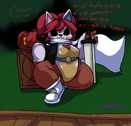bell bodysuit box breasts cape clothing container female gloves hair handwear mask medium_breasts melee_weapon red_hair skinsuit solo sword swordswoman text thick_thighs tight_clothing weapon clovedex key_(clovedex) animal_humanoid cat_humanoid felid felid_humanoid feline feline_humanoid human humanoid mammal mammal_humanoid spanish_text