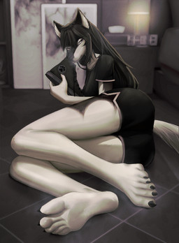5_fingers 5_toes anthro barefoot bodily_fluids claws clothed clothed_anthro clothed_female clothing curling_toes dialogue dirty dirty_feet dirty_shoes feet female fingers foot_fetish foot_focus footwear holding_object inner_ear_fluff multicolored_body musk musky_feet scent_play shoe_sniffing shoes smelly smelly_feet smelly_shoes sniffing sniffing_clothes sniffing_self solo sweat sweaty_feet toe_claws toes tuft two_tone_body kinneru haru_(haruawuu) canid canine canis humanoid mammal wolf absurd_res hi_res
