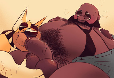 accessory anthro arm_hair balls beard belly belly_hair big_belly black_beard black_facial_hair black_necktie black_nose blush body_hair brown_balls brown_body brown_nipples brown_skin chest_hair clothed clothing duo erection eyewear facial_hair foreskin fur genitals glasses human_on_anthro humanoid_genitalia humanoid_penis interspecies male male/male male_human moobs necktie nipples obese obese_human obese_male open_clothing open_topwear overweight overweight_human overweight_male penis pubes round_glasses simple_background topwear vein veiny_penis white_body white_fur yellow_background yellow_body yellow_fur chocolateandmilk richard_(chocolateandmilk) canid canine canis domestic_dog human mammal 2025 dated hi_res signature