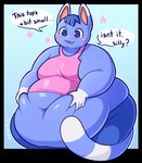 anthro belly_grab belly_overhang belly_rolls big_breasts blue_body blue_fur blue_hair blush breasts chubby_cheeks deep_navel ear_markings fat_rolls female fur glistening glistening_body gloves_(marking) hair markings navel obese obese_anthro obese_female overweight overweight_anthro overweight_female solo speech_bubble striped_markings striped_tail stripes tail tail_markings text white_markings robirobi animal_crossing nintendo rosie_(animal_crossing) domestic_cat felid feline felis mammal alpha_channel english_text hi_res