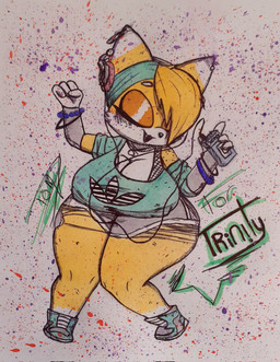 anthro big_breasts breasts clothed clothing dancing ear_piercing electronics eyes_closed female fishnet_clothing fishnet_topwear hair hair_over_eye happy one_eye_obstructed piercing portable_music_player simple_background solo topwear pegassidyavlou adidas canid canine mammal character_request hi_res signature spanish_description