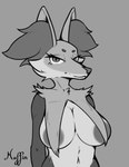 anthro areola areola_slip big_breasts breast_curtains breasts canid canine delphox digital_media_(artwork) female foxy_concept fur generation_6_pokemon hi_res inner_ear_fluff looking_at_viewer mammal monochrome nintendo pokemon pokemon_(species) simple_background solo tuft