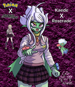accessory ahoge bottomwear cape clothing corsage female flower gesture green_body green_skin hair hair_accessory hand_gesture mask masquerade_mask open_mouth pink_clothing plant pointing purple_eyes skirt solo text white_hair go-two danganronpa danganronpa_v3 nintendo pokemon spike_chunsoft kaede_akamatsu elemental_creature elemental_humanoid flora_fauna generation_4_pokemon human humanoid mammal plant_humanoid pokemon_(species) roserade absurd_res english_text hi_res reference_image