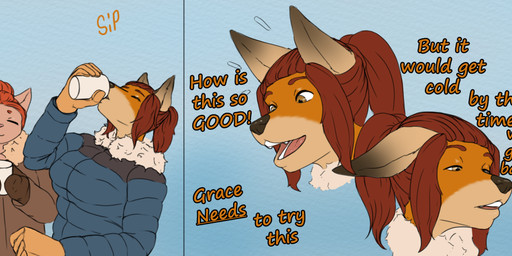 ambiguous_gender anthro clothed clothing condom container cup dialogue drinking female fur hair sexual_barrier_device smug text winter_coat androidz lydia_(androidz) mel_(androidz) canid canine mammal comic digital_media_(artwork) english_text hi_res herm_(lore) trans_(lore) trans_woman_(lore)
