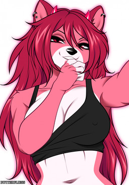 anthro bangs big_breasts black_clothing black_crop_top black_eyelids black_shirt black_topwear breasts clothing collarbone crop_top ear_piercing eyelashes female fur hair half-closed_eyes horn long_hair looking_at_viewer narrowed_eyes navel one_breast_out piercing pink_body pink_fur pink_hair red_eyes red_horn selfie shirt simple_background small_horn smile smiling_at_viewer solo taking_picture taking_selfie topwear white_background white_body white_fur butterfliess canid canine mammal 2026 colored digital_drawing_(artwork) digital_media_(artwork) half-length_portrait hi_res portrait shaded
