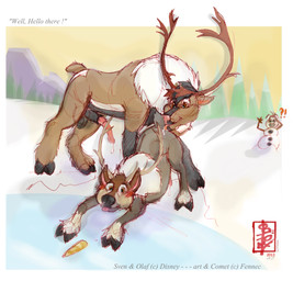 anal animal_genitalia animal_penis antlers aroused balls blush bodily_fluids carrot cervine_genitalia cervine_penis duo embarrassed erection feral food forest genital_fluids genitals greeting hooves horn in_snow male male/male oral penis plant precum rimming rutting saliva_on_anus sex snow snowman surprised tail text tree vegetable fennec_(artist) disney frozen_(disney) comet_(fennec) olaf_(frozen) sven_(frozen) cervine deer mammal new_world_deer reindeer english_text