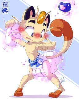 ambiguous_gender arm_grab blue_eyes blush blush_lines bodily_fluids clean_diaper clothed clothing diaper diaper_only disembodied_hand duo embarrassed fur grope groping_from_behind looking_down pacifier qr_code raised_tail simple_background solo_focus sparkles spread_legs spreading standing sweat sweatdrop tail tan_body tan_fur topless touching_diaper wearing_diaper white_background wide_stance lilchu nintendo pokemon generation_1_pokemon meowth pokemon_(species) 2022 4:5 cel_shading digital_drawing_(artwork) digital_media_(artwork) hi_res shaded signature watermark