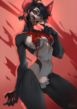 5_fingers anthro arm_tuft black_body black_fur black_hair blood blood_drip blood_on_breast bodily_fluids breasts claws crotch_tuft dripping elbow_tuft eyelashes facial_piercing fangs female finger_claws fingers fur golden_fangs hair hair_over_eye medium_breasts multicolored_body multicolored_fur narrowed_eyes navel nipple_outline nose_piercing nose_ring piercing red_background red_eyes ring_piercing simple_background slim small_waist solo standing teeth tuft two_tone_body two_tone_fur white_body white_fur girlwithdrill juno_(hematophagia) bat mammal 2025 absurd_res hi_res