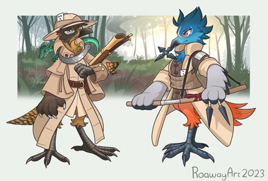 ambiguous_gender anthro belt clothing dagger duo gun hat headgear headwear looking_at_viewer melee_weapon musket ranged_weapon shuriken standing sword weapon roawayart mythology avian dragon mythological_creature mythological_scalie scalie 2023 hi_res