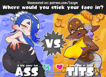anus bandeau big_breasts breasts butt butt_squish clothing dark_body dark_skin duo female genitals grin hair hair_over_eye hand_on_butt holding_breast huge_breasts humanoid_pointy_ears legwear light_body light_skin midriff nipple_outline not_furry pointy_ears pseudo_hair smile squish tentacle_hair tentacles text tights topwear vulva gm_laz nintendo splatoon frye_(splatoon) shiver_(splatoon) aquatic cephalopod humanoid inkling mollusk octarian octoling english_text hi_res url