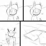 1:1 anthro antlers blush bottomwear breasts clothed_female clothing comic deer duo female hair horn lagomorph leporid male mammal monochrome nude nude_male oblivious open_mouth outside pictographics question_mark rabbit shirt sky slypon smile swimming_trunks swimwear topwear wardrobe_malfunction water wet