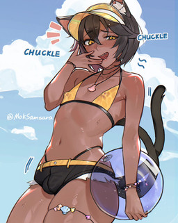 2_tails animal_ears areola ball beach_ball beaded_bracelet beaded_jewelry beads bikini bikini_top bivalve_shell blue_sky bodily_fluids bottomwear bracelet bulge cat_tail chuckling clothing cloud collarbone cute_fangs daisy_dukes denim denim_bottomwear denim_clothing denim_shorts ear_piercing fangs femboy hand_on_cheek headgear headwear highlights_(coloring) holding_object hotpants inflatable inner_ear_fluff jewelry legband male micro_bikini midriff mollusk_shell multi_tail narrow_pupils navel necklace nipple_outline one_fang open_mouth piercing puffy_areola seashell shell shorts sky small_fangs solo sound_effects string_bikini sweat sweatdrop swimwear tail tan_body teeth text thighband thighs_together thong_straps translucent translucent_clothing translucent_topwear tuft two-piece_swimsuit visor wet wet_clothing wet_swimwear wide_hips yellow_bikini yellow_bikini_top yellow_clothing yellow_eyes yellow_swimwear moksamasara instant_loss_2koma oskar_(coffee.png) animal_humanoid cat_humanoid felid felid_humanoid feline feline_humanoid humanoid mammal mammal_humanoid artist_name hi_res