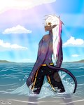 anthro bottomwear clothed clothing cloud detailed_background hair humanoid_pointy_ears lens_flare long_hair long_tail looking_at_viewer male not_furry pointy_ears sea shorts sky solo summer swimwear tail water wet wet_body white_hair kimero_kat frank_fathih demon 4:5 hi_res