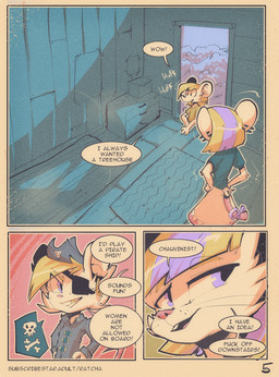 anthro clothed clothing costume dialogue duo ear_piercing eye_patch eyewear female fur hair male male/female piercing pirate profanity simple_background smile tail text tree_house ratcha iris_(ratcha) skye_(ratcha) mammal mouse murid murine rodent comic digital_media_(artwork) english_text hi_res multiple_scenes brother_(lore) brother_and_sister_(lore) sibling_(lore) sister_(lore)