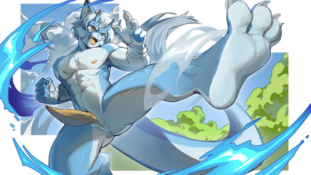 5_fingers abs action_pose anthro athletic bandage bandaged_arm blue_fire cloud colored_fire erection fingers fire fist genitals hair jumping kick male nude open_mouth open_smile penis pose sackless smile solo tapering_penis vein veiny_penis white_hair qingbai mythology zhifeng dragon mythological_creature mythological_scalie scalie 16:9 hi_res widescreen