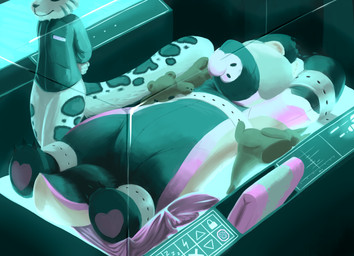 ambiguous_gender anthro bdsm bedding black_nose blanket bondage bottomless bound clean_diaper clothed clothing diaper diaper_under_clothing duo featureless_crotch fur heart_symbol incubator lock male markings multicolored_body multicolored_fur name_tag pacifier plushie plushsuit smile stripes wearing_diaper sexotheque sexotheque_(copyright) larkan_(sexotheque) felid mammal pantherine snow_leopard 2019 absurd_res digital_drawing_(artwork) digital_media_(artwork) hi_res story story_in_description