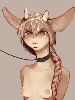 anthro bodily_fluids braided_hair breasts collar cum cumshot ejaculation female freckles genital_fluids hair horn leash leashed_collar small_breasts solo kallax deer mammal 3:4 hi_res
