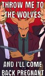 anthro antlers clothed clothing dress_shirt facial_scar fully_clothed group gun horn humanoid_hands humor male mane necktie on_model ranged_weapon scar shirt shitpost suit_jacket text the_truth topwear trio weapon drawfee karina_farek beastars throw_me_to_the_wolves free_(beastars) ibuki_(beastars) louis_(beastars) cervine deer felid lion mammal pantherine red_deer english_text hi_res image_macro impact_(font) lol_comments meme reaction_image redraw