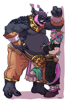 2_toes 3_fingers ankle_wraps arm_tuft armband barefoot beards belly belly_tuft belt belt_buckle biceps big_belly big_hands body_hair bottomwear buckle claws clothed clothing cornrows duo ear_piercing ear_ring ear_tuft elbow_tuft eyebrows feet fingerless_gloves fingers flirting fur furry_body furry_tail gloves grin hair hand_on_belly handwear jewelry kabedon larger_male long_eyebrows long_hair looming looming_over male male/male male_humanoid midriff multicolored_hair musclegut muscular navel necklace nervous nervous_smile nipples open_mouth pale_eyes pants piercing pointy_ears ring ring_piercing scar shoulder_tuft size_difference sleeveless_clothing smaller_male smile tail toes topless topwear tuft tusks vest wristband mozg mozgart hasani_(rakeesh) sarral_(rakeesh) humanoid satyr troll_(mythology) troll_(warcraft) 2019 digital_media_(artwork) hi_res shaded