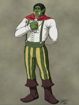 black_hair blue_eyes boots bottomwear button_(fastener) clothed clothing collared_shirt dress_shirt footwear green_body green_skin hair male muscular muscular_humanoid muscular_male pants shirt shoes smile solo suspenders teeth topwear blokfort humanoid orc 2021 hi_res