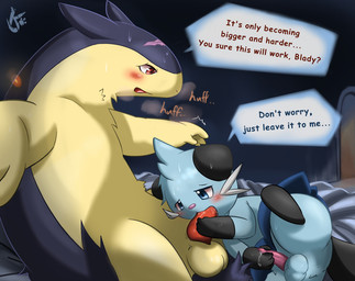 balls bed blade blush bodily_fluids breath dark dialogue duo erection furniture genital_fluids genitals male male/male masturbation night nude oral panting penile penile_masturbation penis precum saliva sweat text risenpaw nintendo pokemon temper dewott generation_2_pokemon generation_5_pokemon pokemon_(species) typhlosion english_text