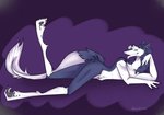 ambiguous_gender anthro blue_body blue_fur ear_piercing fur long_legs lying on_side piercing raised_leg slim smile smirk solo tail white_body white_fur calcatronisfoo_(artist) kinjagh_(character) sergal absurd_res hi_res