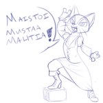 anthro box clothed clothing container dress female pointy_ears prick_ears simple_background solo stepping text whiskers white_background siroc dreamworks puss_in_boots_(franchise) dulcinea_(puss_in_boots) domestic_cat felid feline felis mammal 1:1 blue_and_white finnish_text monochrome sketch