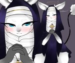 anthro blue_eyes blush clothing costume eyeliner female fur halloween_costume halo holidays makeup nun_outfit white_body white_fur pecco_occeq halloween the_nature_of_predators alien lagomorph mammal sivkit_(the_nature_of_predators) hi_res