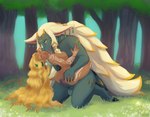 anthro balls black_body black_fur blonde_hair breasts canon_couple duo erection eyes_closed female female_on_anthro forest fur genitals hair hooves horn humanoid_genitalia humanoid_on_anthro humanoid_penis humanoid_pointy_ears husband_and_wife interspecies licking long_hair male male/female married_couple nipples nude outside penis plant pointy_ears romantic romantic_couple tan_body tan_skin tongue tongue_out tree white_hair witchofavalon nintendo tears_of_the_kingdom the_legend_of_zelda rauru_(tears_of_the_kingdom) sonia_(tloz) humanoid hylian zonai